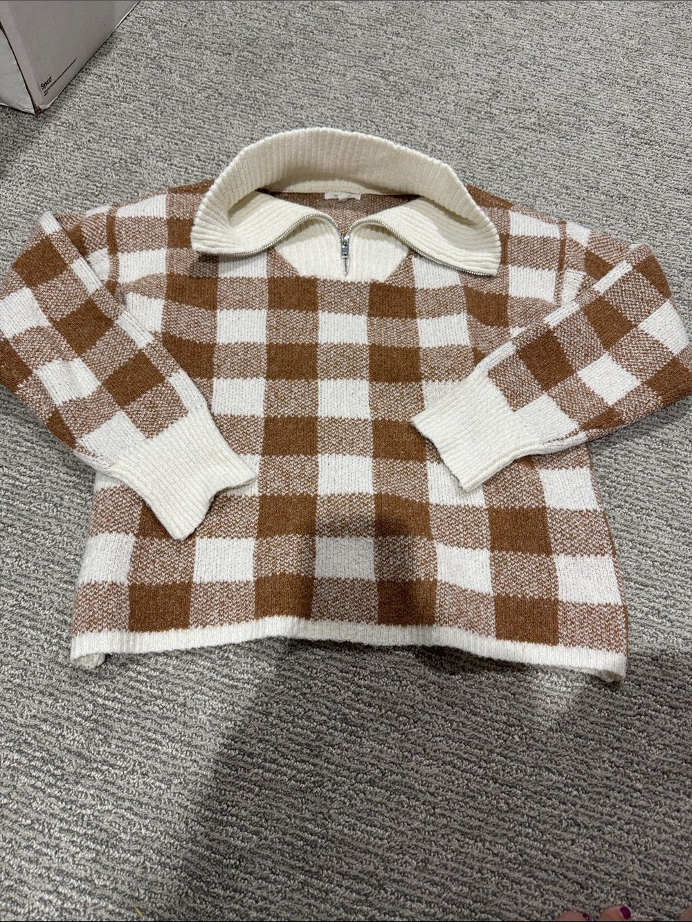 Maurices Checked Half-Zip Turtleneck Sweater - Cream & Brown
